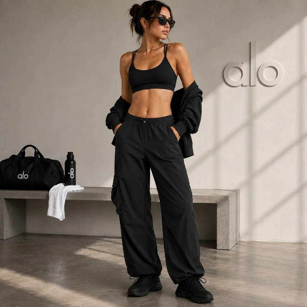 Alo Womens Low Rise Megastar Cargo Pants Size M Black Parachute Utility Tech Y2K